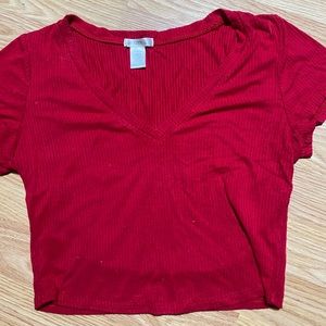 Red ribbed copped short sleeve shirt
